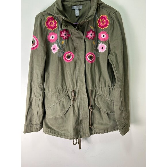Olive Green Embroidered Floral Military Utility Jacket By Aqua Capsule Rugged - Picture 10 of 11